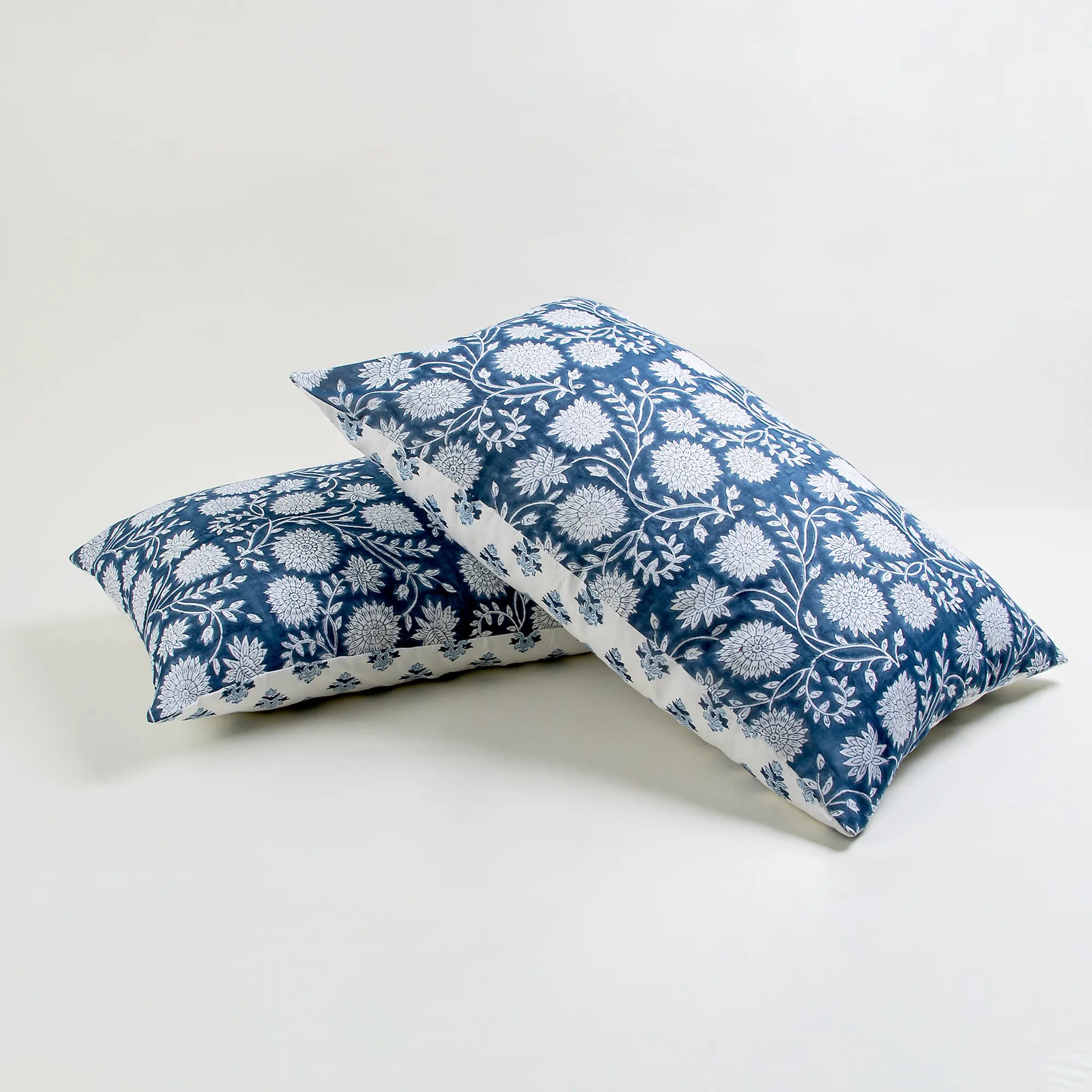 Reversible Handmade Block Printed Blue Floral Pure Cotton Pillowcase