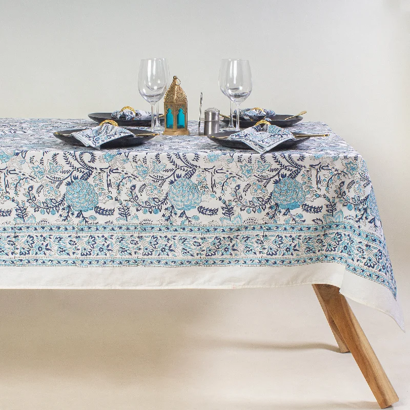 Home Decor Indian Block Printed Blue Floral Cotton Tablecloths Cover for Dinner