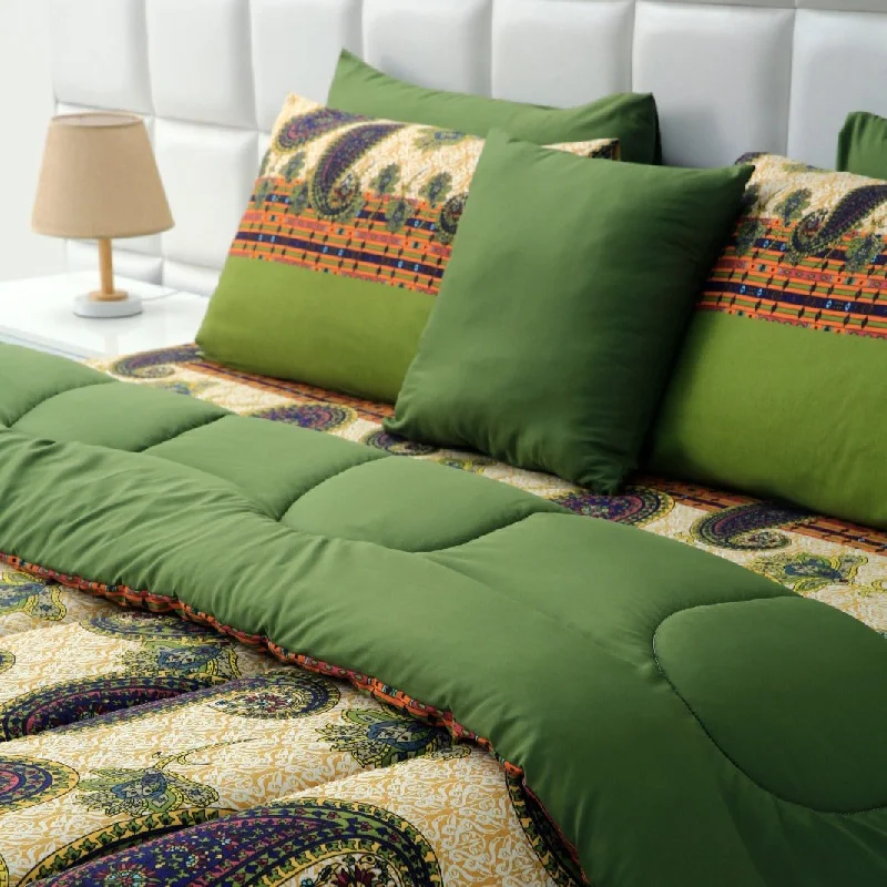 5 PCs Single Comforter Set-Green Paisleys