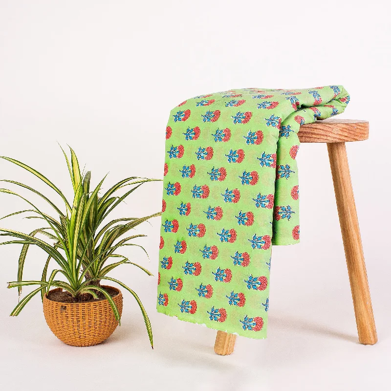 Mustard Green Hand Printed Pure Cotton Floral Fabric for Kimono