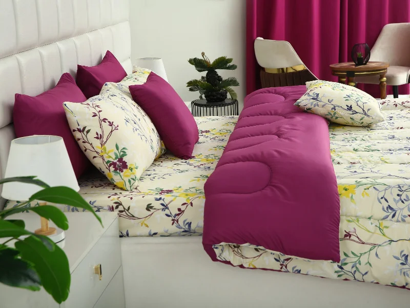 5 PCs Single Comforter Set-Lavender Fall(With Plum Reverse)