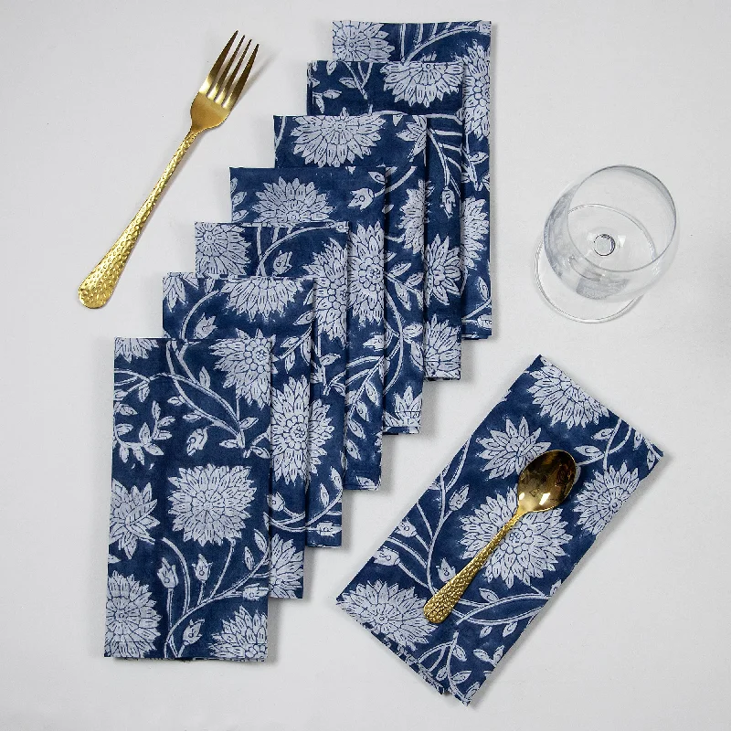 Decorative Blue Floral Indian Handmade Block Printed Cotton Dinner Napkins