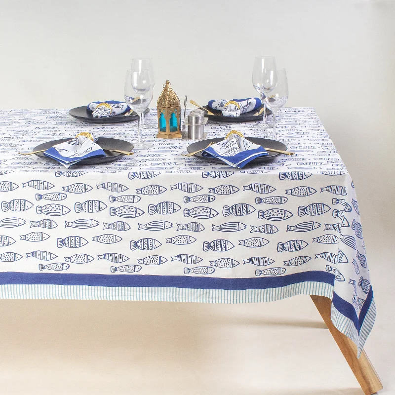 Sustainable Indian Hand Blocked Blue Animal Print Cotton Dinner Party Table Cover