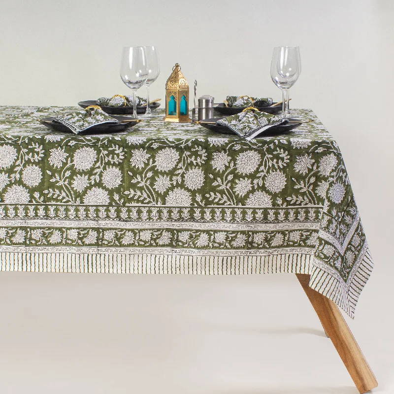 Handmade Green Floral Block Printed Cotton Table Cover Cloth