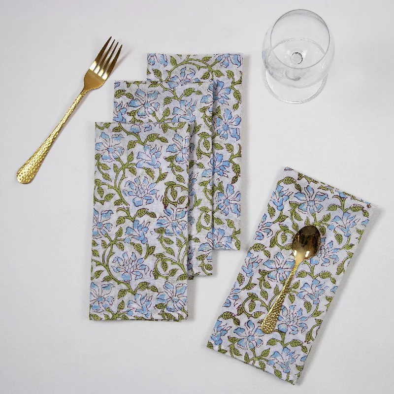 Designer Blue Floral Block Printed Cotton Dining Table Napkins