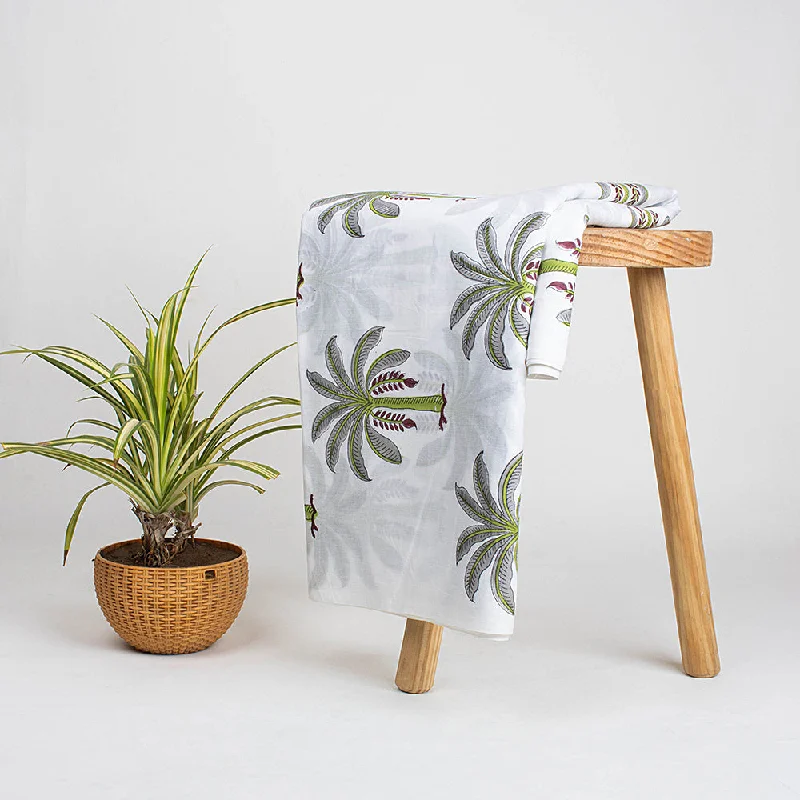 Palm Tree Green Hand Blocked Natural Print Pure Cotton Fabric