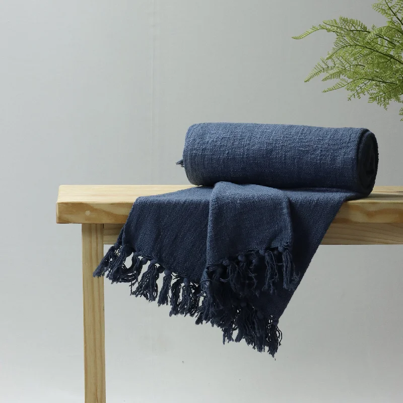 Sustainable Indian Solid Blue Sofa Cotton Throw Blanket